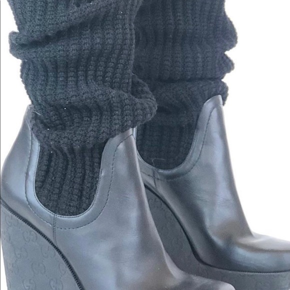 Gucci Black Leather Logo Knit Wool OTK Wedge Boots - Picture 3 of 9